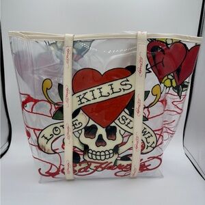 Ed Hardy Transparent Tote with Red and Cream Skull Design